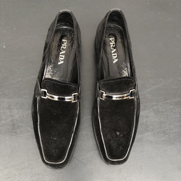 PRADA Milano LOGO Men’s Black Suede Penny Loafer shoes Size 10 - Picture 4 of 16